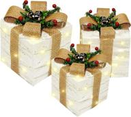🎁 set of 3 christmas led lighted gift boxes with 70 warm white lights - clear xmas tree ornaments for outdoor indoor holiday party, home, wedding, yard decorations (white) logo
