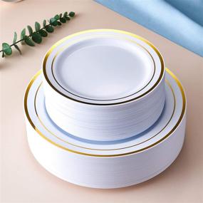 img 4 attached to 🍽️ JYHOWIRE 102-Piece Gold Plastic Plates Set - White Party Plates Pack | Premium Heavyweight Disposable Wedding Plates | Includes: 51 Dinner Plates (10.25 Inch) and 51 Salad/Dessert Plates (7.5 Inch)