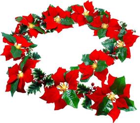 img 4 attached to 🎄 Twinkle Star Pre-Lit Christmas Poinsettia Garland with Red Berries and Holly Leaves - 6 FT Velvet Artificial Flower Xmas String Lights, Battery Operated Waterproof - Indoor & Outdoor Decorations