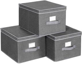 img 4 attached to SONGMICS Smoky Gray Fabric Storage Bins with Lids - Set of 3 | Foldable Storage Boxes with Label Holders | 11.8 x 15.7 x 9.8 Inches