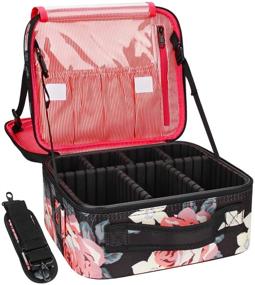 img 4 attached to Relavel Makeup Train Case with 2 Layers, Heightened Design, Adjustable 💄 Dividers, and Shoulder Strap - Portable Cosmetic Storage Organizer with Peony Pattern