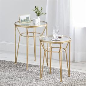 img 2 attached to 🌼 mDesign Round Metal & Glass In-Lay Accent Table with Hairpin Legs - Side/End Table - Decorative Legs, Glass Top - 2 Pack - Soft Brass/Clear
