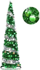 img 4 attached to 5FT Pop Up Christmas Tinsel Trees - Reflective Green Silver Sequins, Collapsible Artificial Pencil Xmas Slim Tree with Stand - Easy-Assembly & Reusable for Home, Apartment, Store, and Wedding Decoration