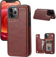 📱 premium pu leather wallet case for iphone 12 pro/12 (6.1"), slim protective card holder cover with screen protective glass - brown logo