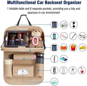 img 2 attached to 🚗 Tsumbay Car Backseat Organizer with Tablet Holder, 8 Storage Pockets, PU Leather Seat Back Protectors, Kick Mats for Kids, Car Snack Organizer with Foldable Table Tray and Tissue Box - Beige, 1 Piece