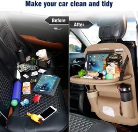 img 1 attached to 🚗 Tsumbay Car Backseat Organizer with Tablet Holder, 8 Storage Pockets, PU Leather Seat Back Protectors, Kick Mats for Kids, Car Snack Organizer with Foldable Table Tray and Tissue Box - Beige, 1 Piece