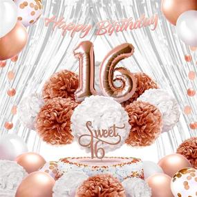 img 4 attached to 🎉 EpiqueOne Sweet 16 Gold and Silver Party Decorations for Girls - Rose Gold Sweet 16th Decor - Metallic Backdrops, Confetti Balloons, Banner, Cupcake Toppers, Mylar & Pompoms - Sweet 16th Birthday Party Supplies