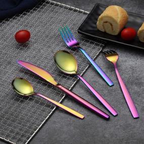 img 2 attached to 🌈 40-Piece Stainless Steel Silverware Set with Rainbow Titanium Plating - Colorful Flatware Set for 8 People (Shiny Rainbow)