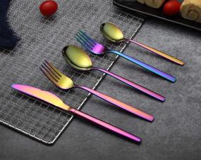 img 3 attached to 🌈 40-Piece Stainless Steel Silverware Set with Rainbow Titanium Plating - Colorful Flatware Set for 8 People (Shiny Rainbow)