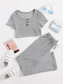 img 2 attached to Romwe Girl's Ribbed Knit 2 Piece Workout Set: Crop T-Shirt & Leggings