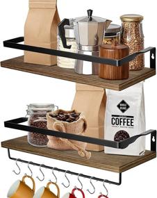 img 4 attached to 📚 LEHOM Rustic Wood Floating Shelves with Towel Bar, Wall Mounted Storage Display Shelving for Bathroom, Bedroom, Kitchen, Office, Living Room - Set of 2 with 8 Hooks