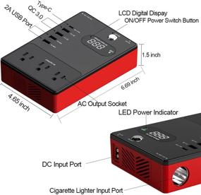 img 3 attached to Высокомощный автомобильный инвертор питания на 200 Ватт - преобразователь от постоянного тока 12 В в переменный ток 110 В для автомобильной розетки с функцией PD Type C 18 Вт, двумя быстрыми зарядными портами QC 3.0, тремя розетками для зарядки от сети, двумя USB-портами на 2 А и прикуриватель-разъем.