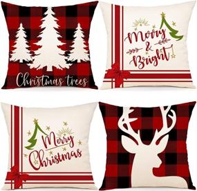 img 4 attached to Farmhouse Christmas Decor: ZWJD 18×18 Inch Set of 4 Black and Red Buffalo Plaid Cushioncase Pillow Covers - Rustic Linen Holiday Pillow Cases for Home Sofa Couch