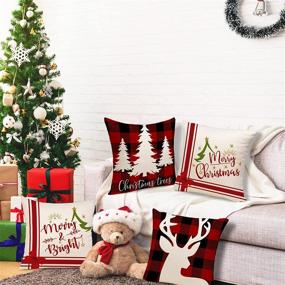 img 3 attached to Farmhouse Christmas Decor: ZWJD 18×18 Inch Set of 4 Black and Red Buffalo Plaid Cushioncase Pillow Covers - Rustic Linen Holiday Pillow Cases for Home Sofa Couch