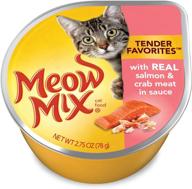 meow mix tender favorites: 24 pack of real salmon & crab meat in sauce wet cat food logo
