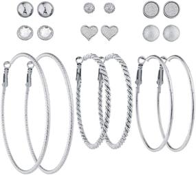 img 2 attached to 💎 Stylish 9-Piece Lux Accessories GoldTone Crystal Silver Glitter Heart Stud Textured Hoop Set: A Must-Have for Trendsetters
