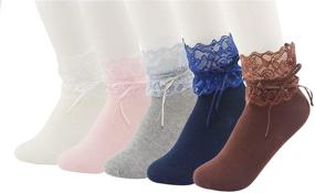 img 4 attached to 👑 Adorable Princess Style Bowknot Ankle Socks - Set of 5 Girl's Cute Lace Ruffle Frilly Cotton Dress Socks for Spring