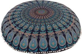 img 3 attached to 🌈 Shubhlaxmi Fashion 32" Blue Mandala Floor Pillow Cushion Seat Throw Cover - Vibrant Hippie Decorative Bohemian Ottoman Pouf with Pom Pom Accents - Boho Indian Style