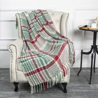 🎄 lalifit christmas home decor super soft vintage fluffy plaid throw blanket - cozy acrylic cashmere-like bedspread with fringe - ideal for picnics, tailgating, and camping - 50"w x 67"l (green/red) logo