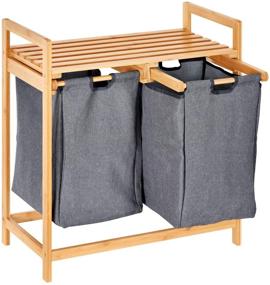 img 3 attached to 🧺 Bamboo Laundry Hamper with Dual Compartments and Sliding Bags Organizers - Two-Section Laundry Basket with Shelf - Wooden Bamboo Laundry Organizer Cabinet for Bathroom