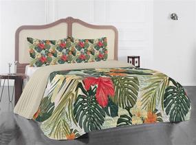 img 1 attached to 🌴 Lunarable Leaf Tropical Island Vegetation Bedspread Set, Hawaiian Summer Design with Hibiscus Flowers, Soft Bedding Set with Pillow Shams &amp; Comforter, Queen Size- Green, Orange and Yellow