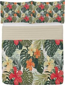 img 2 attached to 🌴 Lunarable Leaf Tropical Island Vegetation Bedspread Set, Hawaiian Summer Design with Hibiscus Flowers, Soft Bedding Set with Pillow Shams &amp; Comforter, Queen Size- Green, Orange and Yellow