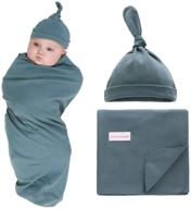 👶 organic cotton knit baby swaddle blanket and hat set, 35x35 inches, newborn swaddle wrap, receiving blanket, burp cloth & stroller cover, ideal for baby boys and girls (dark green) logo