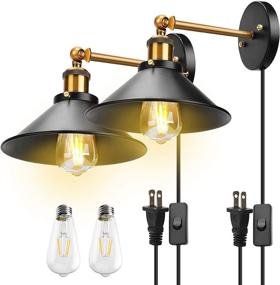 img 4 attached to 🔌 JACKYLED Vintage Plug-in Wall Sconces with LED Bulb, Industrial Black Hardwire Wall Lamp Fixtures for Indoor Bedroom – Set of 2