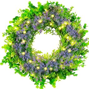 img 4 attached to Artificial Lavender Wreath with Hook - Phosooy Prelit | 40 LED Lighted Eucalyptus & Lavender Wreath with Timer | Green Leaves Purple Wreath for Christmas Wall & Front Door Winter Decor