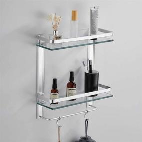 img 1 attached to Bathroom Storage Organizer Shelf with Towel Bar, Wall Mounted Rectangular Tempered Glass Shelves, Heavy Duty 2 Tier Shower Shelving Solution (Silver)