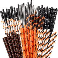 🎃 200 halloween paper straws - pumpkin, bat, spider web, skeleton patterns - black & orange - paper drinking straws for halloween party supplies (color set 1) logo