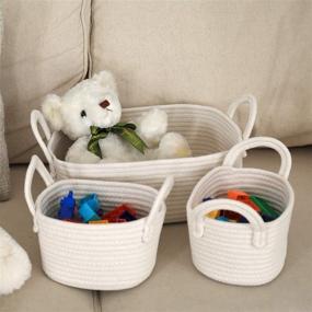 img 2 attached to 🧺 Woven Basket Set of 3 - White Rope Storage Baskets: Nursery & Bathroom Organization with Soft Cotton Bins