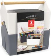 arteza plastic portable craft storage organizer - pack of 2: gray and ivory 3-sectioned basket with handle for art supplies - 11 x 6.7 x 7.2 inches logo