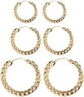 💫 set of 3 large gold hoop earrings (60mm-80mm) - big punk circle round link chain shaped earrings for women and girls, chunky jewelry logo