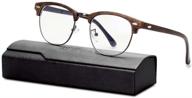 👓 men's brown wood grain frame clear glasses - blue light blocking, anti-eyestrain, better sleep - round computer semi-rimless nerd glasses logo