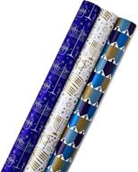 🎁 hallmark tree of life hanukkah wrapping paper bundle: blue, gold & white - 140 sq. ft. - pack of 3 with cut lines logo