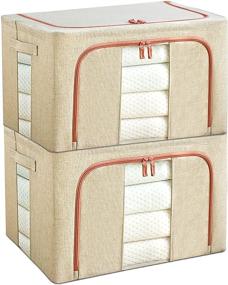 img 4 attached to WestonBasics Stackable & Collapsible Storage Bins - Linen Fabric Closet Organizer Boxes with Windows & Zippers, Set of 2 (70 Quarts, Beige) - Perfect for Clothes, Toys, Sheets, Blankets