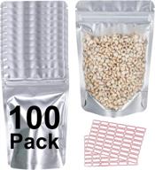 👜 belle kr 100 pack resealable mylar bags for food storage with label stickers – 4 x 6 inches stand up pouches clear front, aluminum foil back, gusset bottom - heavy duty mylar ziplock bags with tear notch (10x15cm, 100 pcs) логотип