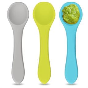 img 4 attached to Baby Spoons - Silicone Tiny Spoons for First Stage Self Feeding 6 Months - Infant Spoons for Baby Led Weaning - 100% Food Grade - Dishwasher Safe (Blue, Green, Grey)