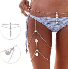 img 4 attached to 💎 Yomiie Vintage 2PCS Silver Body Chain Set: Sexy Harness for Belly & Thigh, Hot Bikini Waist Jewelry, Pendant Stretchy Leg Tassel A003