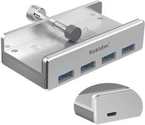 img 4 attached to 🔌 Rekidm Powered USB Hub 3.0 with Extra Power Supply Port & Adjustable Clamp - Space-Saving Silver Desktop Hub for PC, Computer and Table Edge