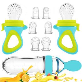 img 4 attached to 🍼 Baby Food Feeder Pacifier Set - 2 Pack Fresh Fruit Feeders with 6 Assorted Silicone Nipples and 1 Pack Food Dispensing Spoon - Blue Baby Feeding Kit