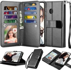 img 4 attached to 📱 Njjex Wallet Case for Samsung Galaxy A20/A30: PU Leather Flip Cover with 9 Card Slots, Detachable Kickstand, and Lanyard - Black