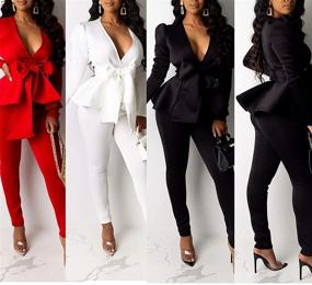 img 2 attached to 👗 Stylish Women's Two Piece Outfits - Alluring Long Sleeve V Neck Bow Tie Peplum Pullover Tops with Bodycon Long Pants Sets, Perfect for Tracksuit Enthusiasts