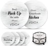 hilarious coasters with holder - set of 6 absorbent drink coasters featuring 3 amusing sayings - perfect housewarming gift for friends, ideal for men and women birthdays - trendy home decor for living room, kitchen, and bar logo