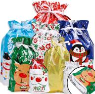 🎁 bowount christmas gift bags set of 43 - assorted sizes foil wrapping sacks with drawstring closure, santa goody bags featuring squared bottom in 4 sizes and 8 festive designs - perfect for xmas holiday presents, party favors logo