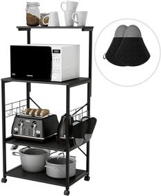 img 3 attached to 🛒 Bestier Kitchen Baker's Rack Island with Storage Shelf - Microwave Stand Rolling Cart on Wheels - Oven Mitts & 10 Side Hooks - 4 Tier Shelves (Black, Gray Duck Mitts): Ultimate Kitchen Organizer