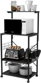 img 4 attached to 🛒 Bestier Kitchen Baker's Rack Island with Storage Shelf - Microwave Stand Rolling Cart on Wheels - Oven Mitts & 10 Side Hooks - 4 Tier Shelves (Black, Gray Duck Mitts): Ultimate Kitchen Organizer