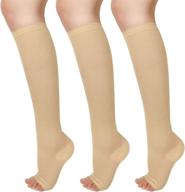 🧦 open toe compression socks for women: 3 pairs, knee high, toeless, 15-25 mmhg логотип