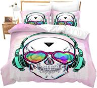 feelyou twin comforter cover set - skull bedding set for kids and teens with funny 🛏️ skeleton bones print, duvet cover with stripes, punk rocker headphones and heart shaped glasses, 2 pcs bedspread cover logo